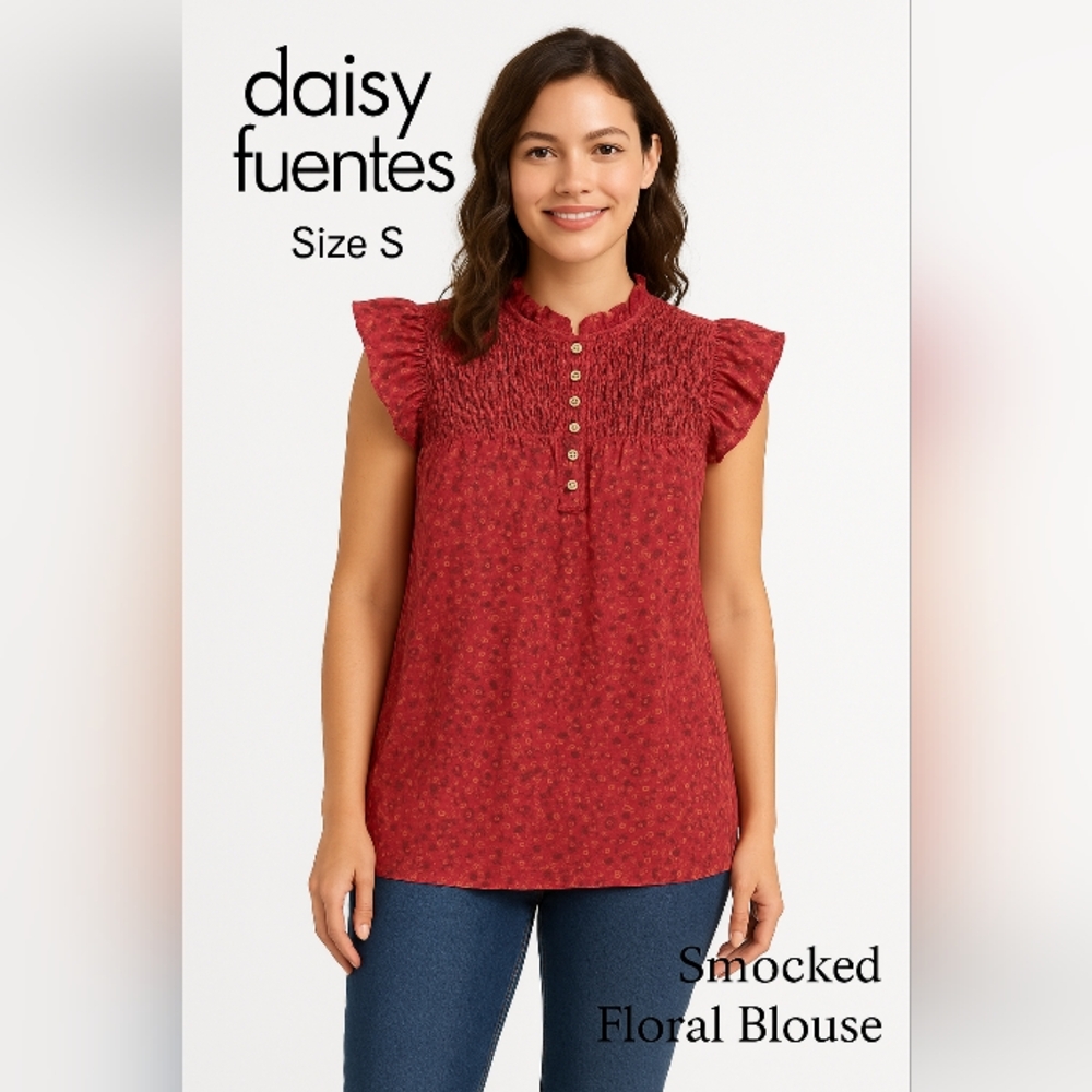 Daisy Fuentes Women's Burgundy Floral Smocked Top Polyester Size S